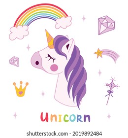 unicorn vector head with mane and horn on starry background.