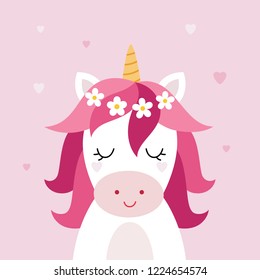 Unicorn vector head on pink background. Head portrait horse sticker, patch badge. Cute magic cartoon fantasy animal.