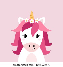 Unicorn vector head on pink background. Head portrait horse sticker, patch badge. Cute magic cartoon fantasy animal.