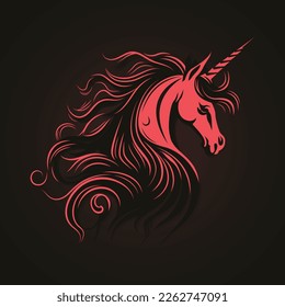 Unicorn Vector Head , Red illustration of a wild unicorn isolated on dark background. For decoration, print, design, logo, sport clubs, tattoo, t-shirt design, stickers. Vector File