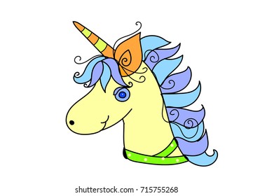Unicorn vector horse cartoon fantasy animal cute face funny art off white blue yellow orange color green wallpaper white isolated