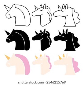 Colección de icono de Vector de unicornio. conjunto de Ilustración vectorial.