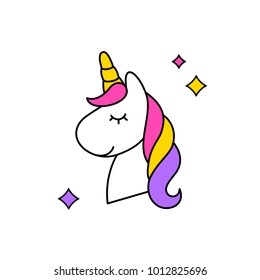 Unicorn vector icon isolated on white. Head portrait horse sticker, patch badge. Cute magic cartoon fantasy cute animal. Rainbow hair. Dream symbol. Design for children