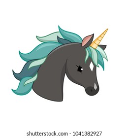 Unicorn vector icon isolated on white. Head portrait horse sticker, patch badge. Cute magic cartoon fantasy cute animal.