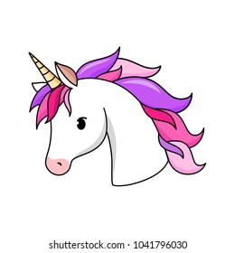 Unicorn vector icon isolated on white. Head portrait horse sticker, patch badge. Cute magic cartoon fantasy cute animal.