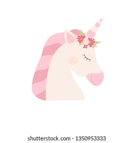 Unicorn vector icon isolated on white. Head portrait horse sticker, patch badge. Magic cartoon fantasy cute animal. Flowers in hair. Dream symbol. Design for children