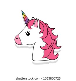 Unicorn vector icon isolated on white. Head portrait horse sticker, patch badge. Magic cartoon fantasy cute animal. Rainbow horn, pink hair. Dream symbol. Design for children