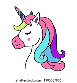 Unicorn vector icon isolated on white. Horse head portrait sticker, patch badge. Magic cartoon fantasy cute animal. Rainbow horn, pink hair. Dream symbol. Design for children