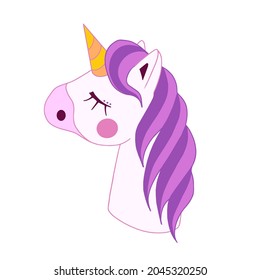 Unicorn vector icon isolated on white. Head portrait horse sticker, patch badge. Magic cartoon fantasy cute animal. Dream symbol. Design for children