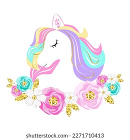 Unicorn vector icon isolated on white. Head portrait horse sticker, patch badge. Magic cartoon cute animal. Rainbow hair.  Card and shirt design for children