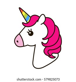 Unicorn vector icon isolated on white. Head portrait horse sticker, patch badge. Magic cartoon fantasy cute animal. Rainbow horn, pink hair. Dream symbol. Design for children