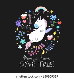 Unicorn vector icon isolated on black background with motivating text. Funny horse sticker, patch badge. Cute magic cartoon fantasy cute animal. Rainbow and stars. Dream symbol. Design for children