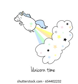 Unicorn vector icon isolated on black background with motivating text. Funny horse sticker, patch badge. Cute magic cartoon fantasy cute animal. Rainbow and stars. Dream symbol. Design for children