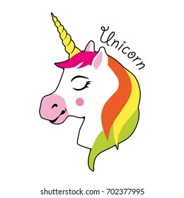 Unicorn vector icon isolated on white. Head portrait horse sticker. Cute magic cartoon fantasy cute animal. Design for children