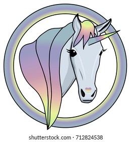 Unicorn vector icon isolated on white. Head portrait horse sticker, patch badge. Cute magic cartoon fantasy cute animal. Rainbow hair. Dream symbol. Design for children