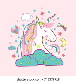 Unicorn vector icon isolated on white. Head portrait horse sticker, patch badge.