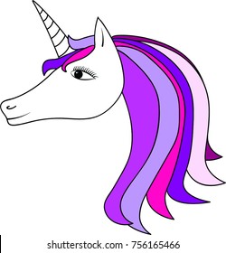 Unicorn vector icon isolated on white. Head portrait. Cute magic cartoon fantasy animal. Long hair. Dream symbol. Design for children.
