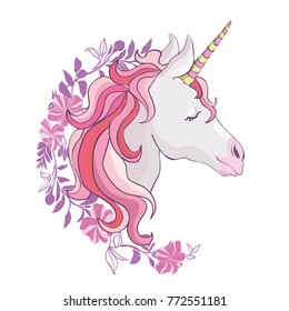 Unicorn vector icon isolated on white. Head portrait horse sticker, patch badge. 