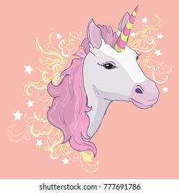 Unicorn vector icon isolated on white. Head portrait horse sticker, patch badge. Cute magic cartoon fantasy cute animal. Rainbow horn, pink hair. Dream symbol. Design for children