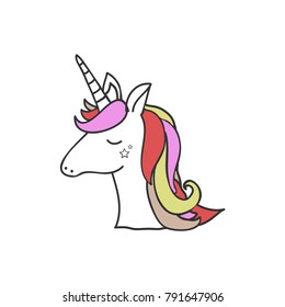 Unicorn vector icon isolated on white. Head portrait horse sticker, patch badge. Cute magic cartoon fantasy cute animal. Rainbow hair. Dream symbol. Design for children