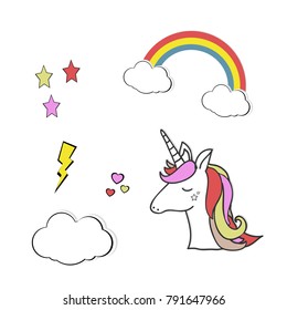 Unicorn vector icon isolated on white. Head portrait horse sticker, patch badge. Cute magic cartoon fantasy cute animal. Rainbow hair. Dream symbol. Design for children