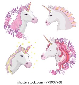 Unicorn vector icon isolated on white. Head portrait horse sticker, patch badge. Cute magic cartoon fantasy cute animal. Rainbow hair.