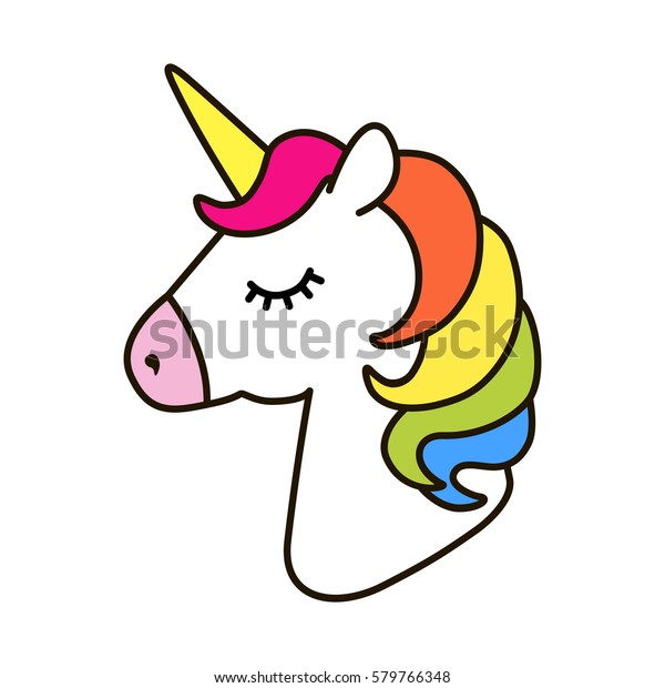 Unicorn vector icon isolated\
on white. Head portrait horse sticker, patch badge. Magic cartoon\
fantasy cute animal. Rainbow hair. Dream symbol. Design for\
children