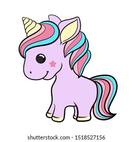 Unicorn vector icon isolated white. Horse sticker, patch badge. Magic cartoon fantasy cute animal. Rainbow hair. Dream symbol. Design for children