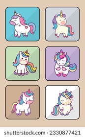 Arte de conjunto de iconos de vector de unicornio