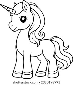 Unicorn vector illustration. Black and white outline Unicorn coloring book or page for children