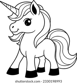 Ilustración vectorial de unicornio. Esquema en blanco y negro Libro o página de colores Unicornio para niños