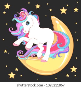 Unicorn vector illustration for children design. Cute fantasy animal with moon and stars.