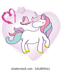 Unicorn vector illustration for children design. Rainbow hair. Isolated. Cute fantasy animal. Cute sticker with butterfly