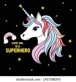 Unicorn vector illustration for children design. White unicorn rainbow hair. Cute fantasy animal.
