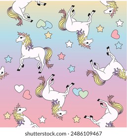 Unicorn vector illustration for children design. White unicorn rainbow hair. Cute fantasy animal.