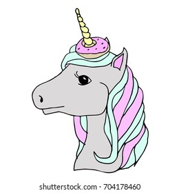 The unicorn vector illustration. Doodle style. Design icon, print, logo, poster, symbol, decor, textile, paper, card. 