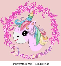 Unicorn vector illustration drawing with rainbow writing Dreamer. Unicorn's head cartoon, isolated on white background.