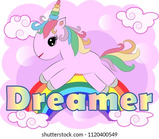 Unicorn vector illustration drawing with rainbow writing Dreamer. Unicorn's head cartoon, isolated on white background.