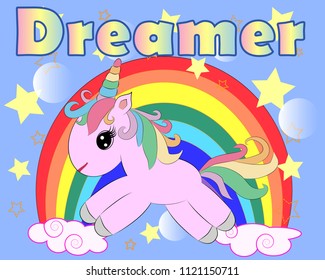 Unicorn vector illustration drawing with rainbow writing Dreamer. Unicorn's head cartoon, isolated on white background.