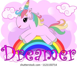 Unicorn vector illustration drawing with rainbow writing Dreamer. Unicorn's head cartoon, isolated on white background.