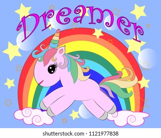 Unicorn vector illustration drawing with rainbow writing Dreamer. Unicorn's head cartoon, isolated on white background.