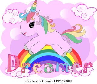 Unicorn vector illustration drawing with rainbow writing Dreamer. Unicorn's head cartoon, isolated on white background.