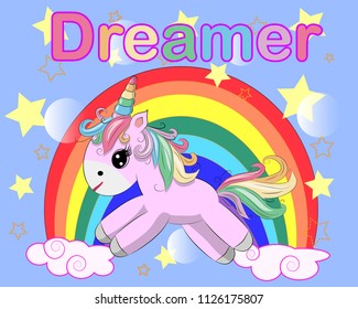 Unicorn vector illustration drawing with rainbow writing Dreamer. Unicorn's head cartoon, isolated on white background.