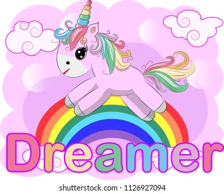 Unicorn vector illustration drawing with rainbow writing Dreamer. Unicorn's head cartoon, isolated on white background.