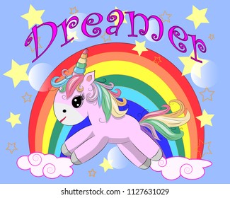 Unicorn vector illustration drawing with rainbow writing Dreamer. Unicorn's head cartoon, isolated on white background.