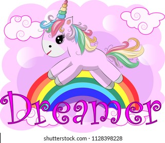 Unicorn vector illustration drawing with rainbow writing Dreamer. Unicorn's head cartoon, isolated on white background.