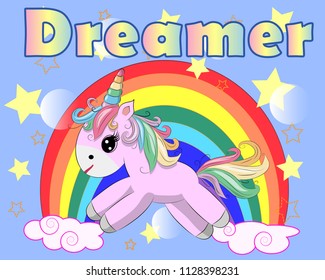 Unicorn vector illustration drawing with rainbow writing Dreamer. Unicorn's head cartoon, isolated on white background.