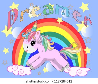 Unicorn vector illustration drawing with rainbow writing Dreamer. Unicorn's head cartoon, isolated on white background.