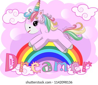 Unicorn vector illustration drawing with rainbow writing Dreamer. Unicorn's head cartoon, isolated on white background.