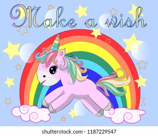 Unicorn vector illustration drawing with rainbow writing Dreamer. Unicorn's head cartoon, isolated on white background.